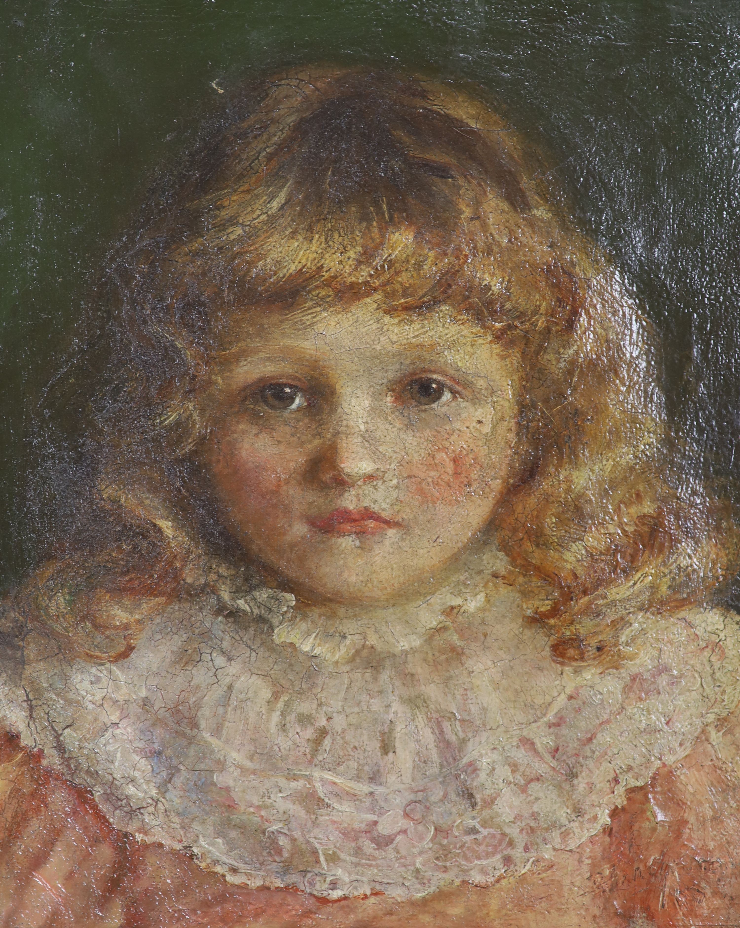 English School c.1890, oil on canvas, Portrait of a child, indistinctly signed, 25 x 21cm